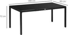 Mesa de jardim retangular 180x80x72cm para 8 pessoas com tampo em vidro temperado e estrutura em alumínio preto (CADEIRAS NÃO INCLUÍDAS)