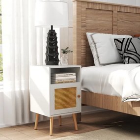 Mesa cabeçeira ou mesa Apoio com Estante Aberta e Porta Decorada em Rattan PE para Quarto Sala de Estar 40 x 39 x 70 cm Branco