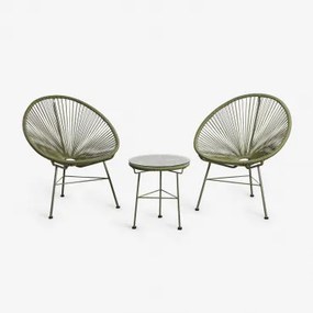 Conjunto De Sala Com 2 Poltronas E Mesa Auxiliar Em Aço E Rattan Sintético New Acapulco Verde Azeitona Intenso - Sklum