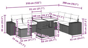 9 pcs conjunto sofás p/ jardim c/ almofadões vime PE castanho