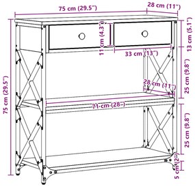 Mesa de Console vidaXL Carvalho Artesanal 75x28x75 cm Madeira e Aço