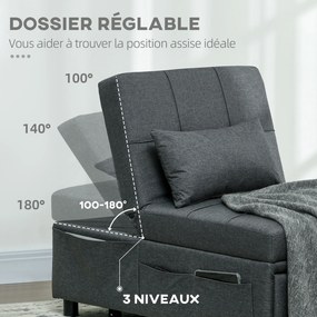 Poltrona convertível de 1 lugar, transformável em cama, com encosto ajustável, assento almofadado e almofada, cinzenta