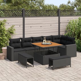 Conjunto de Sofá de Jardim 9 Peças com Almofadas Preto Rattan Poliéste