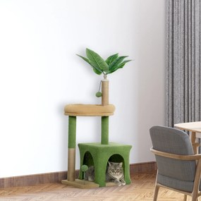 Arranhador para gatos 44 x 30 x 98 cm torre de brincadeiras com compartimentos abertos, cama, arranhadores, bolas e folhas artificiais  verde