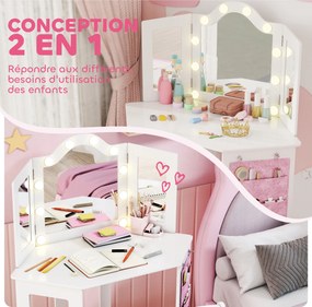 Toucador infantil 2 em 1 com banco, espelho tríptico e luzes LED bicolores 93,6 x 48,5 x 111,5 cm branco