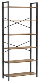 Estante para livros com 6 prateleiras, 30 x 80 x 186 cm, cor nogueira escura-preto