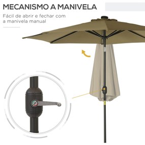 Chapéu de Sol de Jardim Ø268x238cm com 24 Luzes LED Solar Mecanismo de Inclinação para Terraço Piscina Pátio castanho