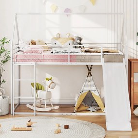Cama Beliche Crianças 204 x 195 x 181,5 cm em forma de casa com escorrega (COLCHÃO E ACESSÓRIOS IMAGEM NÃO INCLUIDOS) com grade de segurança e escada