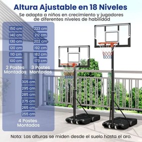 Cesto de basquetebol portátil para exterior Sistema de aro de basquetebol ajustável em altura de 100 a 305 cm com tabuleiro inquebrável preto
