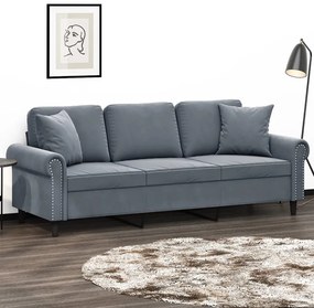 Sofá 3 lug. c/ almofadas decorativas 180 cm veludo cinza-escuro