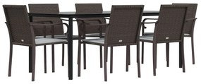 7 pcs conjunto de jantar p/ jardim c/ almofadões vime PE e aço