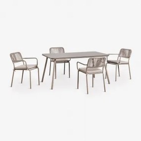 Conjunto De Mesa Retangular 160x90 Cm E 4 Cadeiras De Jardim Empilháveis Em Corda Trançada Arhiza Moka Brown - Sklum