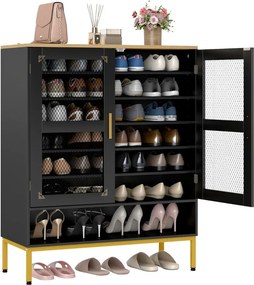 Sapateira de 7 níveis 80 x 37 x 106 cm com portas de malha Organizador moderno para sapatos em madeira com prateleiras ajustáveis Preto