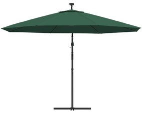 Guarda-sol cantilever c/ luzes LED e poste metal 350 cm verde