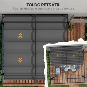 Pérgola 3x4 Pérgola de Jardim com Teto Retrátil de Poliéster e 12 Orifícios de Drenagem Cinza