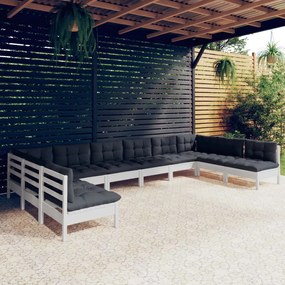 10 pcs conj. lounge de jardim c/ almofadões pinho maciço branco
