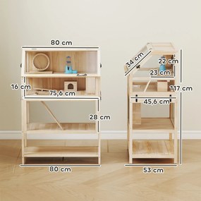 Gaiola para hamster, habitat para roedores de 3 andares com painel acrílico e roda, 80 x 53 x 117 cm, com efeito de madeira natural