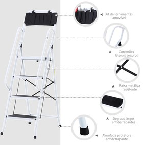 HOMCOM Escada Dobrável com 4 Degraus Escada de Metal com Apoio para os Braços e Suporte para Ferramentas Carga Máxima 150 kg 50x83x155 cm Branco e Preto