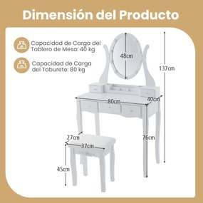 Conjunto de Toucador e Banco com Espelho Iluminado Mesa de Maquilhagem com 10 Lâmpadas LED 3 Modos de Cor Brilho Ajustável 5 Gavetas Branco