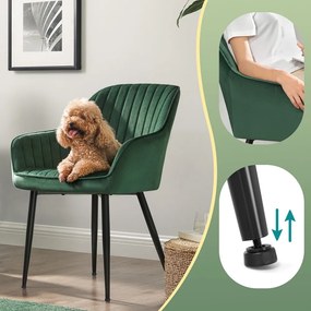 Cadeira de sala de jantar ou cozinha em veludo estofada com braços e pernas de metal verde-preto