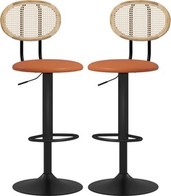 Conjunto de 2 bancos de bar com altura ajustável 40,5 x 52 x 92-113,5 cm, encosto em rattan e apoio para os pés, castanho