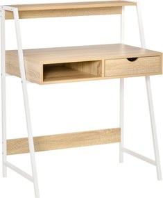 HOMCOM Secretária Armário de Informática em Estilo Neo Retro com Gaveta Nicho Prateleira Metal Branco Aspecto Carvalho Claro | Aosom Portugal