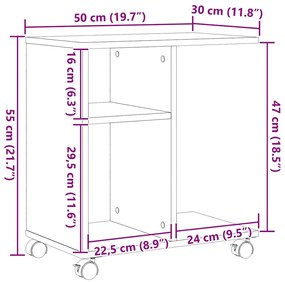 Mesa Lateral com Rodas em Madeira Antiga 50x30x55 cm em Madeira de Eng