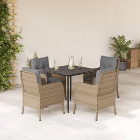 5 pcs conjunto de jantar p/ jardim com almofadões vime PE bege