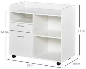 Armário para Impressora com 3 Compartimentos 2 Gavetas para Arquivos Prateleira 2 Rodas com Freios 80x40x72 cm Branco