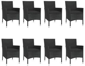 9 pcs conjunto de jantar p/ jardim c/ almofadões vime PE preto