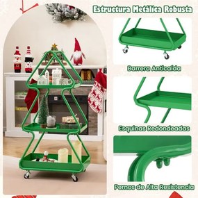 Carrinho de armazenamento em forma de árvore de Natal com 3 níveis, estrela, estrutura metálica e rodas verde