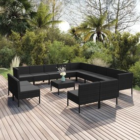 vidaXL 14 pcs conjunto lounge de jardim c/ almofadões vime PE preto