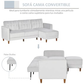 HOMCOM Sofá Cama com Chaise Longue de 3 Lugares Tato Aveludado com Encosto Ajustável e Apoio para os Pés Móvel 218x85x86cm Cinza Claro