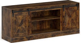 Móvel TV estilo rústico 150 x 39 x 60 cm com portas deslizantes tipo celeiro, prateleiras ajustáveis e kits antiderrapantes Café