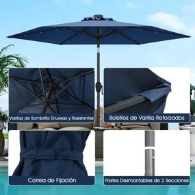 Guarda-sol LED com luzes LED Solares Sistema de inclinação com botão 230 x 230 x 225 cm Azul marinho