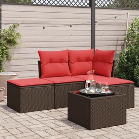 vidaXL 5 pcs conjunto sofás p/ jardim c/ almofadões vime PE castanho