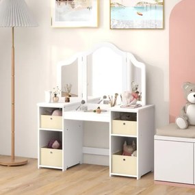 Toucador Princesa para crianças com 4 prateleiras grandes e espelho de plástico com 3 painéis Carga 100 kg 107 x 40 x 117 cm Branco