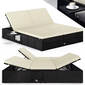 Cama, espreguiçadeira dupla de jardim em poliratán preto/creme 200x160x33cm