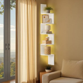 Prateleira de canto com iluminação LED 20 x 20 x 126 cm, estante de parede com 5 prateleiras, comando à distância branca
