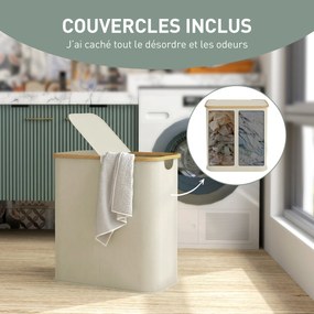 Cesto de roupa suja dobrável de dupla camada, 80 L, 54 x 34 x 58,5 cm com tampa e pegas ranhuradas, bege