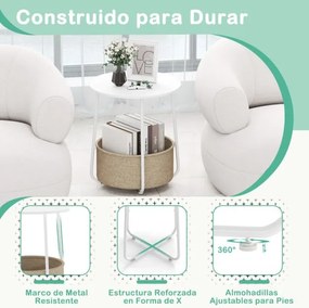 Mesa apoio, Mesa de cabeceira redonda 45 x 45 x 50,5 cm de 2 níveis com cesto de armazenamento em tecido pequena moderna Branca