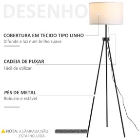 Candeeiro de Pé Moderno Candeeiro de Pé para Sala de Estar com Ecrã Redondo Tripé e Suporte para Lâmpada E27  Ø37x152 cm Branco e Preto