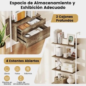 Estante de parede forma de escada com 2 gavetas com estrutura metálica Estante aberta de exposição 60 x 30 x 184 cm Branca