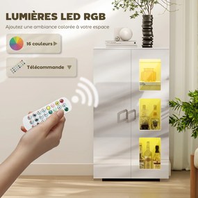 Aparador com LED RGB de 16 cores e comando à distância, acabamento de alto brilho, portas envidraçadas, prateleiras de vidro, 71 x 35 x 126 cm, branco