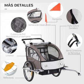 HOMCOM Reboque de Bicicleta para Crianças 2 Lugares 2 em 1 Reboque para Crianças Convertível em Carrinho com Rodas 360º Amortecedores e Guiador Ajustável Bege e Marrom