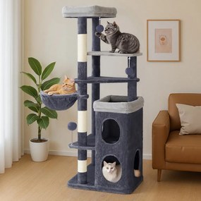 Arranhador Gatos 52 x 46 x 150 cm de vários andares com cavidades e recanto para descansar cinzento escuro