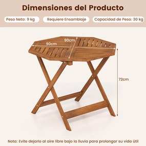 Mesa jardim de jantar em madeira maciça com orifício para guarda-sol 90 x 90 x 72 cm, tampo com ripas e acabamento em óleo de teca, para interior e ex