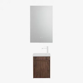 Conjunto De Móvel De Casa De Banho Suspenso Em Madeira Com Lavatório Integrado Narek Retangular Led E Anti-embaciamento 55x90 Cm Riben & Madeira Escur