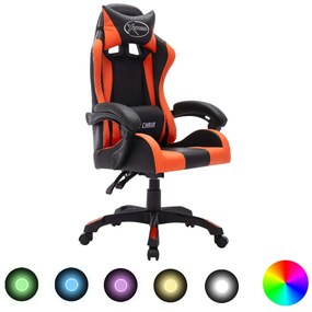 Cadeira estilo corrida luzes LED RGB couro artif. laranja/preto