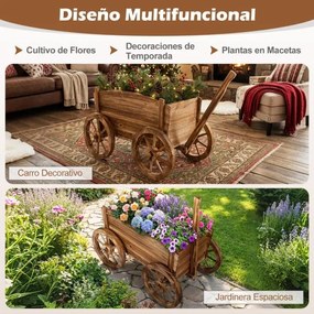 Floreira jardim em forma de carrinho de madeira 78 x 45 x 72 cm, suporte rústico para flores com rodas, alça e orifício de drenagem, ideal para vegeta